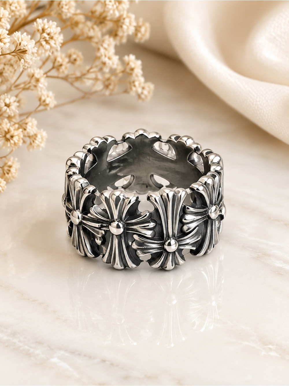 Vintage Silver Tone Floral Cross Statement Ring